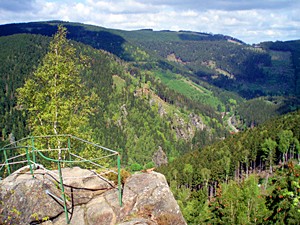 Vom Treppenstein haben Wanderer im Harz einen schönen Blick über das Okertal. Ein Teil der Klippe ist für das Felsklettern freigegeben